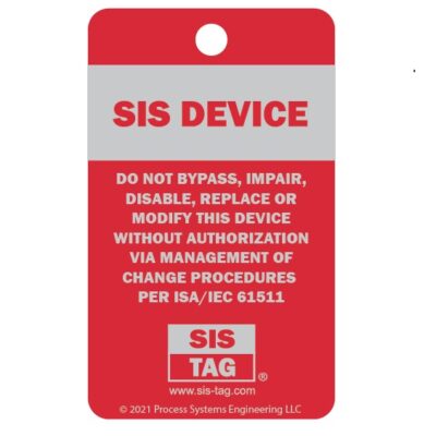 SIS-TAG in red and silver, anodized aluminum, 1.5" x 2.5"