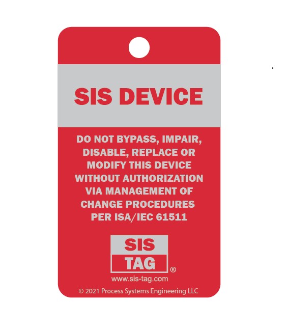 SIS-TAG in red and silver, anodized aluminum, 1.5" x 2.5"