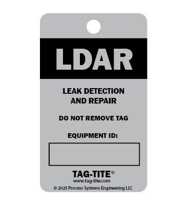 LDAR Tag in silver and black, anodized aluminum, 1.5” x 2.5”