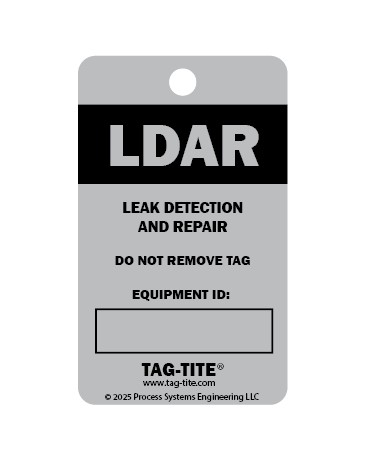 LDAR Tag in silver and black, anodized aluminum, 1.5” x 2.5”